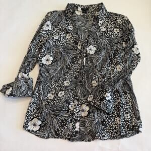 Ann Taylor Floral Blouse Women’s 14 Black White Long Sleeve Button Front (A0135)